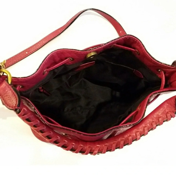 Vintage Elliott Lucca Red Cranberry Pebbled Leather Drawstring Bag with tassels - Picture 5 of 9